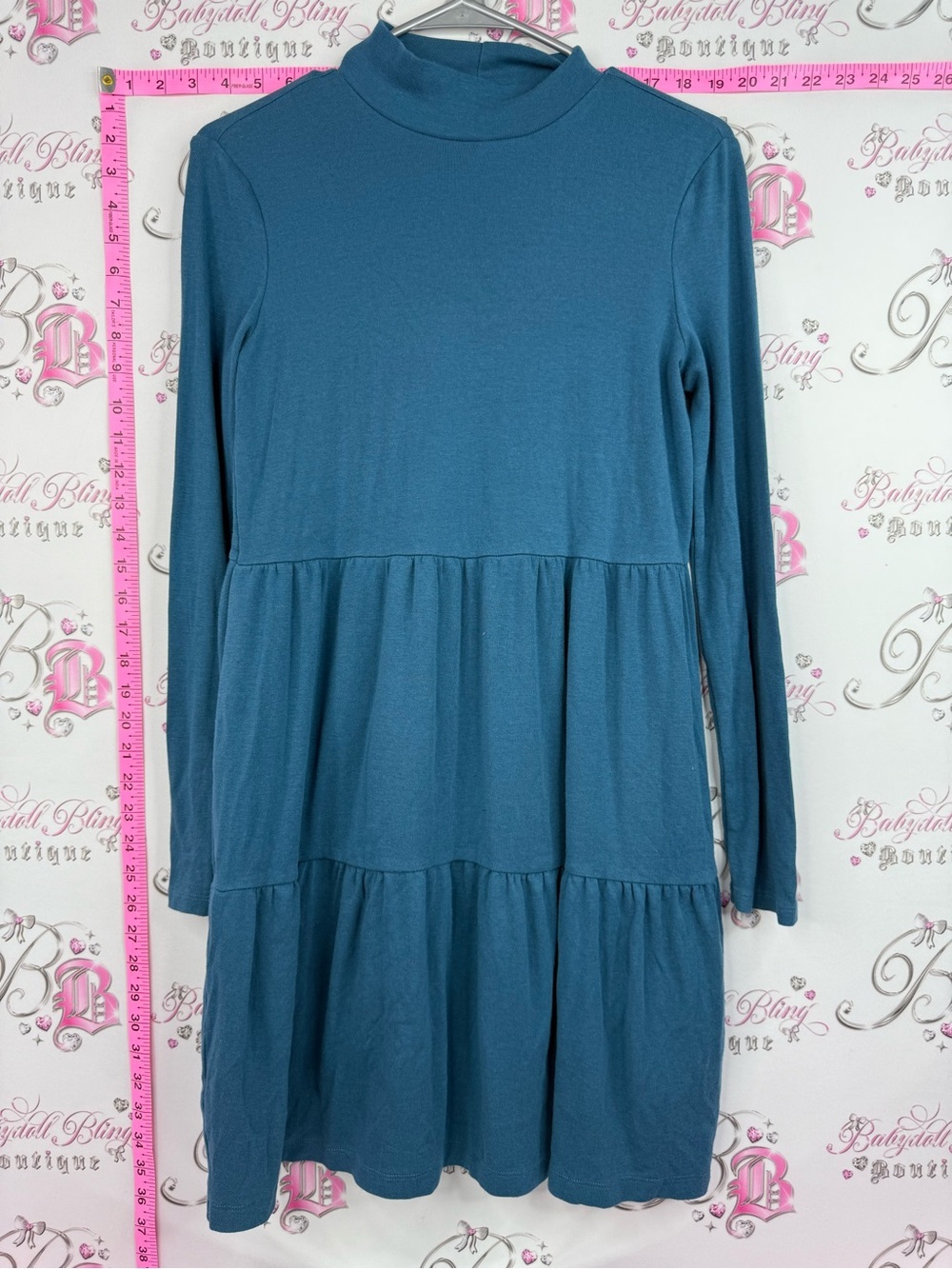 George dress ruffle Teal Tiered Mock Neck Long Sleeve Dress